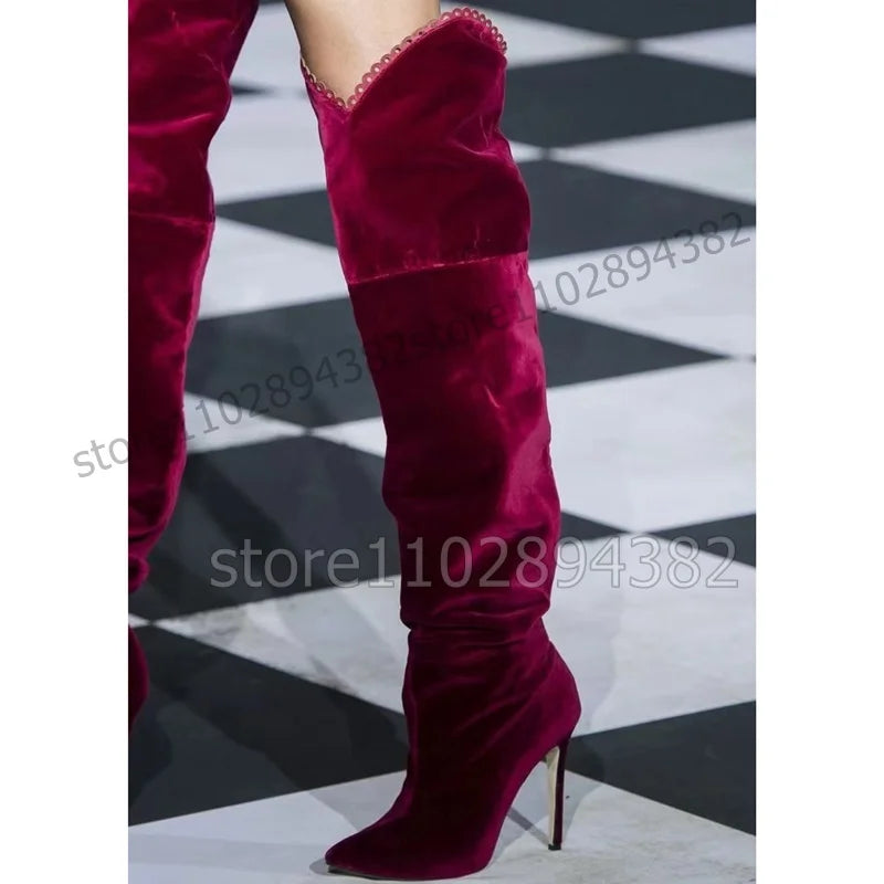 Rose Red Corduroy Lacework Pointed Toe Over The Knee Boots For Women