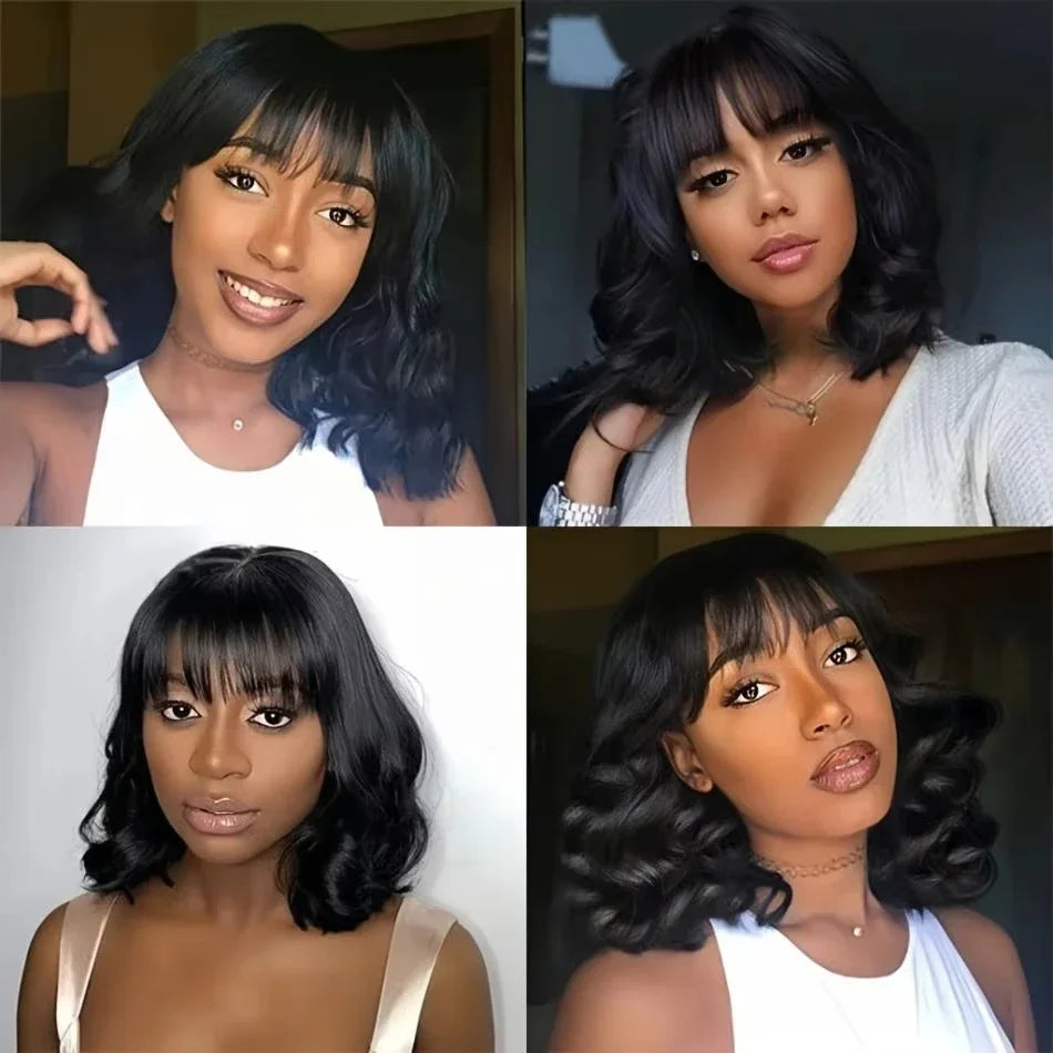 Natural Black Body Wave Bob Wig With Bangs for Women