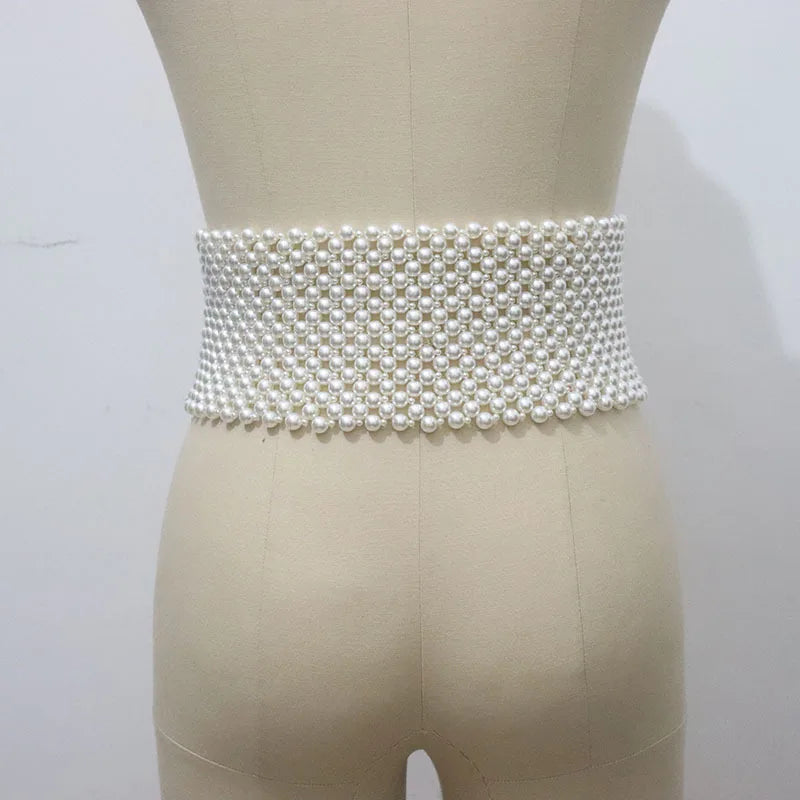 Pearl Rhinestone Elastic Waist Chain Belt for Women