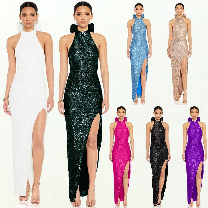 Glitter Sequin Bow Halter Elegant Maxi Dress for Women