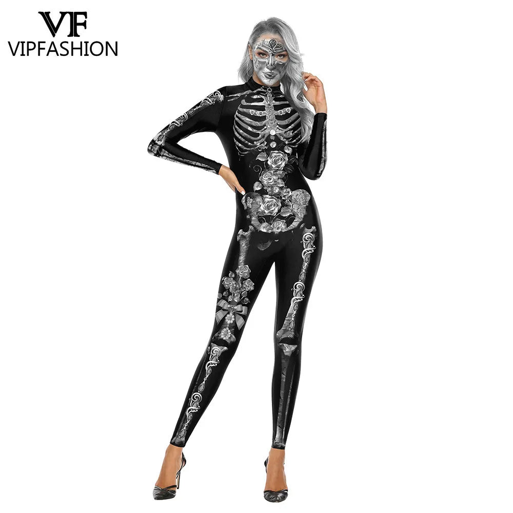 Floral Skull Halloween Skeleton Print Bodysuit for Women