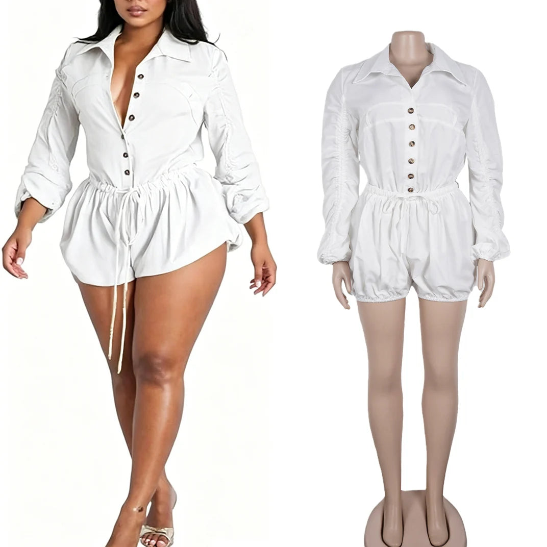 Elegant Ruched Drawstring Lantern Sleeve Romper for Women