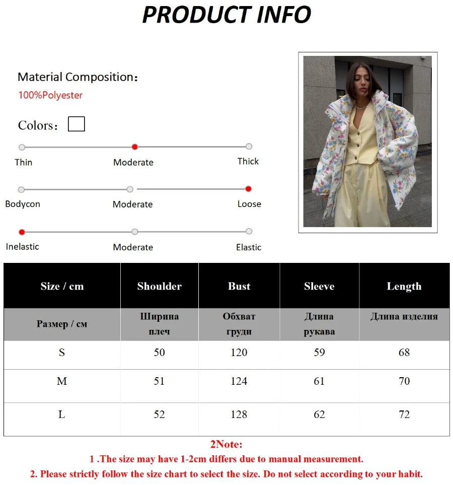 Floral Print Oversized Stand Collar Puffer Jacket For Women