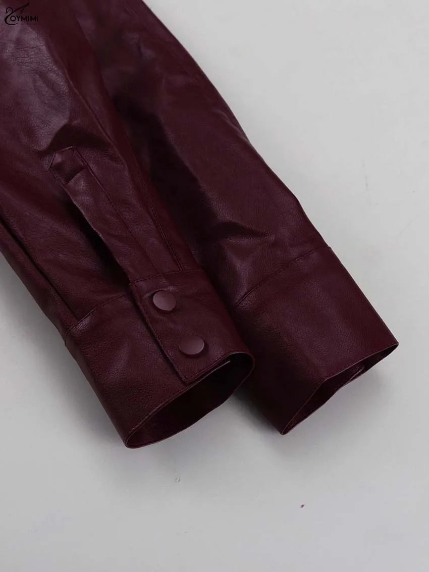 Oymimi Fashion Wine Red Pu Leather Women's Two Pieces Set Elegant Long Sleeve Button Shirts And Spaghetti Strap Mini Dress Sets