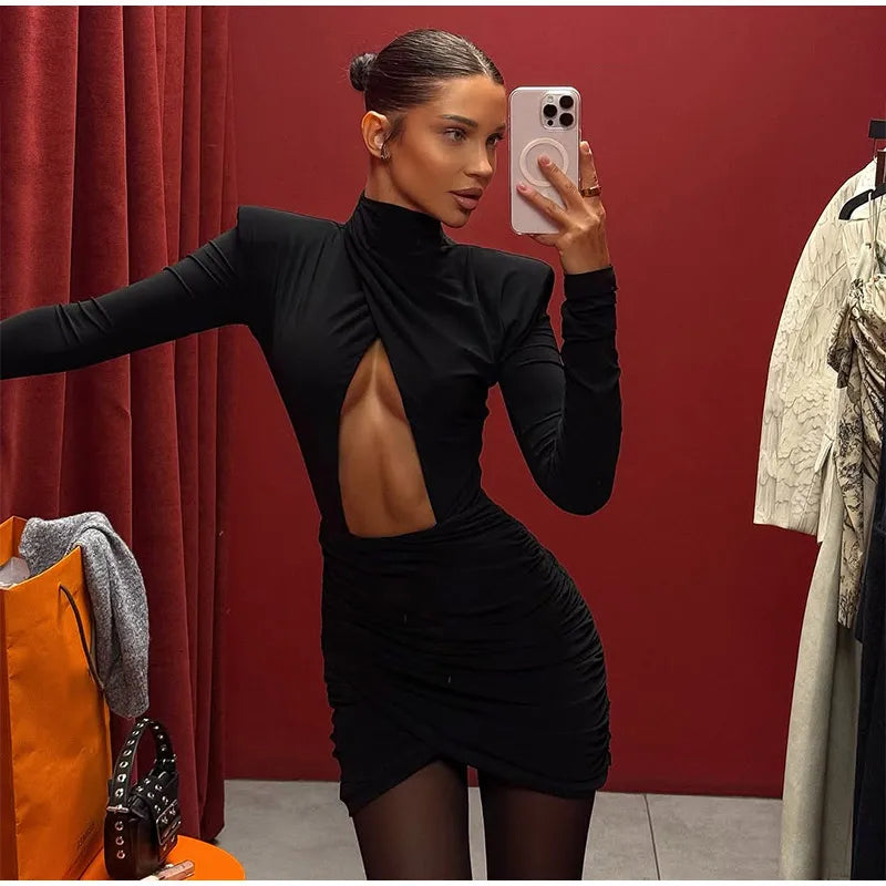 Women Sexy Hollow Out Pleated Mini Dress Fashion Solid Half High Collar Full sleeve Short Dresses Lady 2025 Chic Party Robes