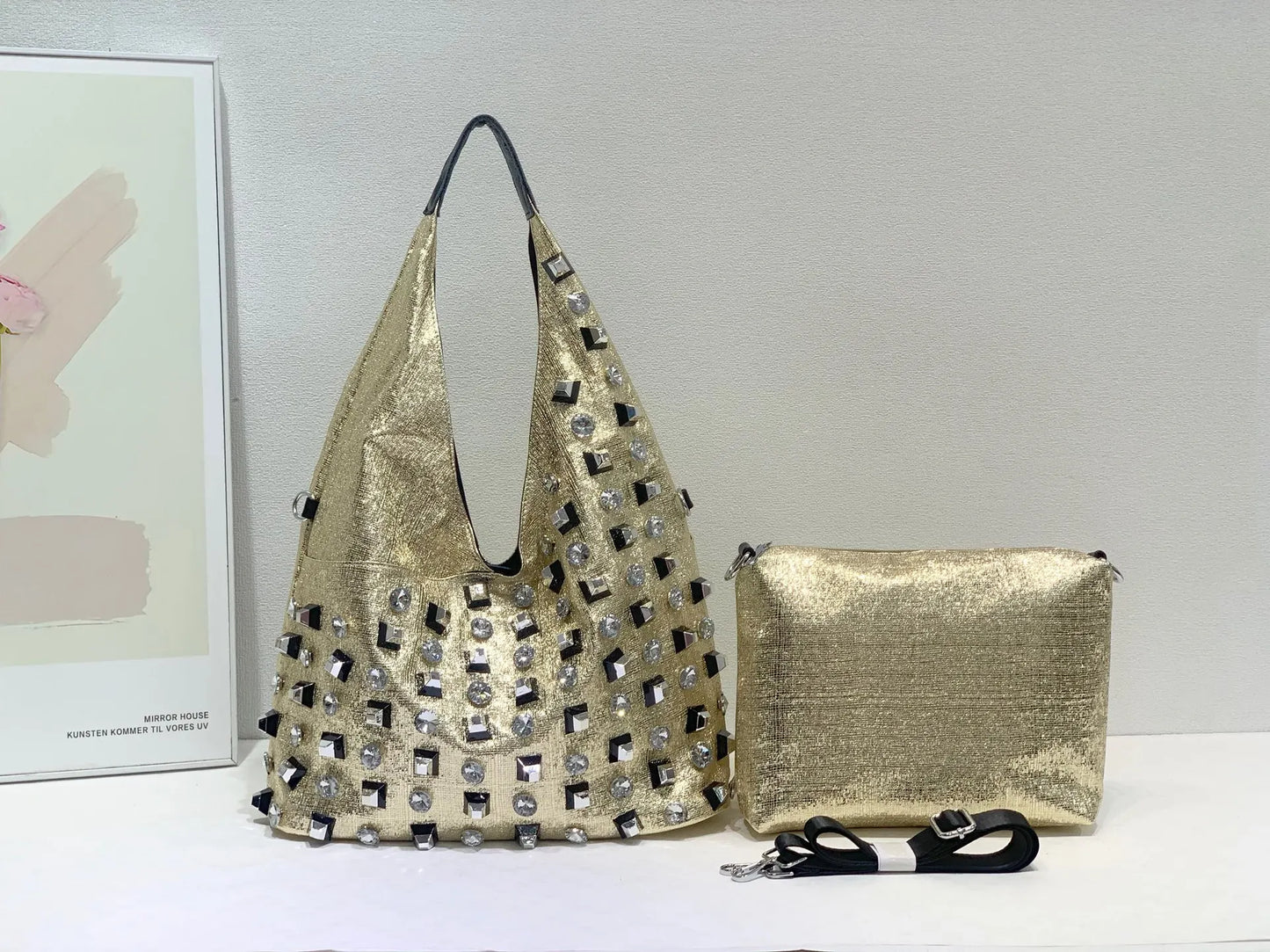 New Women's Diamond Handbag Luxury Brand Fashion Diamond Women's Shoulder Bag Large Capacity Shiny 2-piece Set Women's Bag
