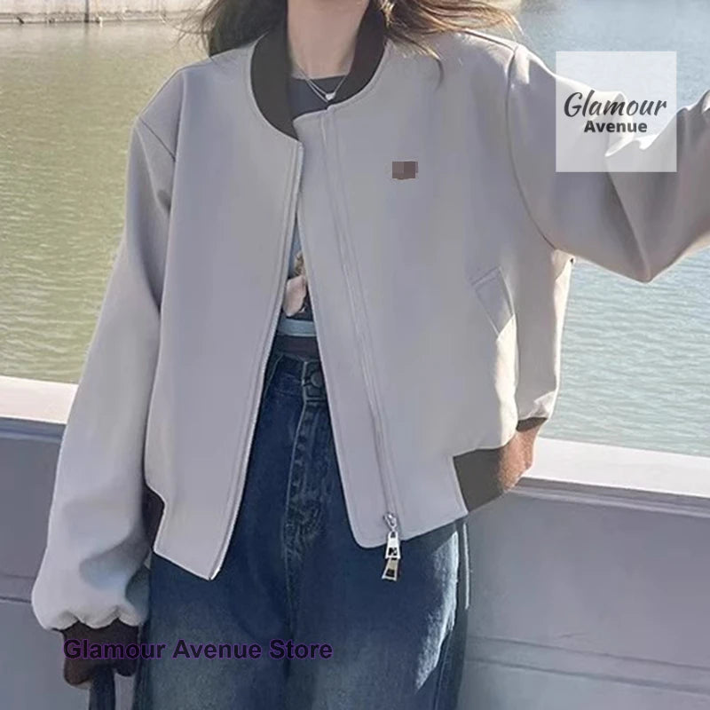 American retro street baseball uniform jacket women's spring and autumn new contrast thin casual Joker short jacket top.