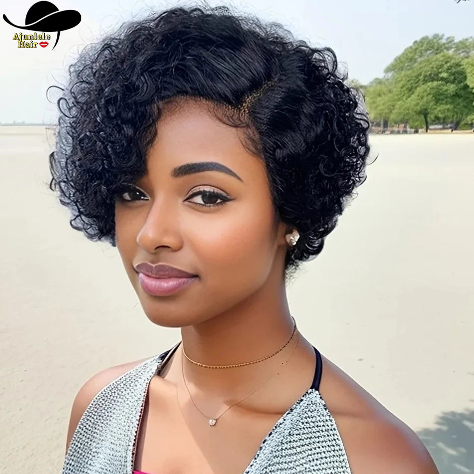 Water Curly Pixie Cut Human Hair Lace Front Wig for Women