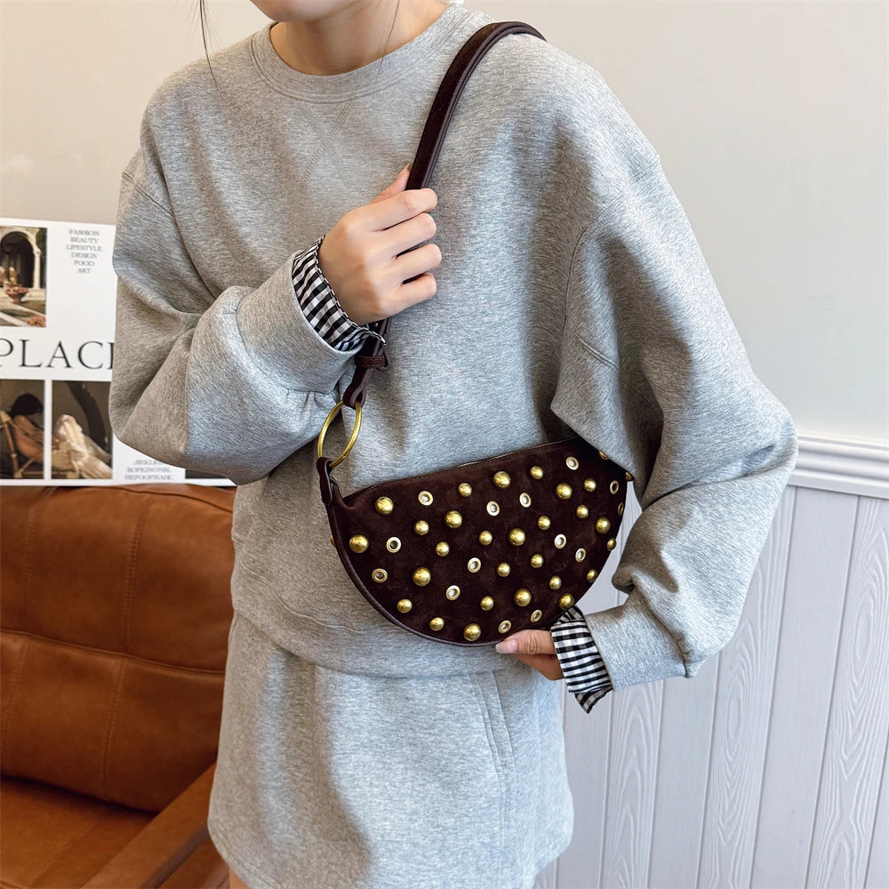 Faux Suede Rivet Half Moon Shoulder Bag for Women