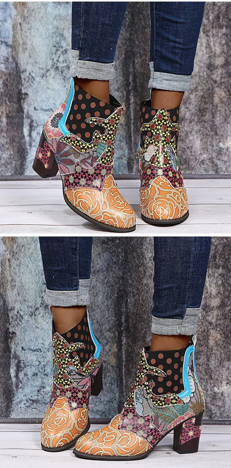Vintage Printed Leather Zippered Ankle Boots for Women