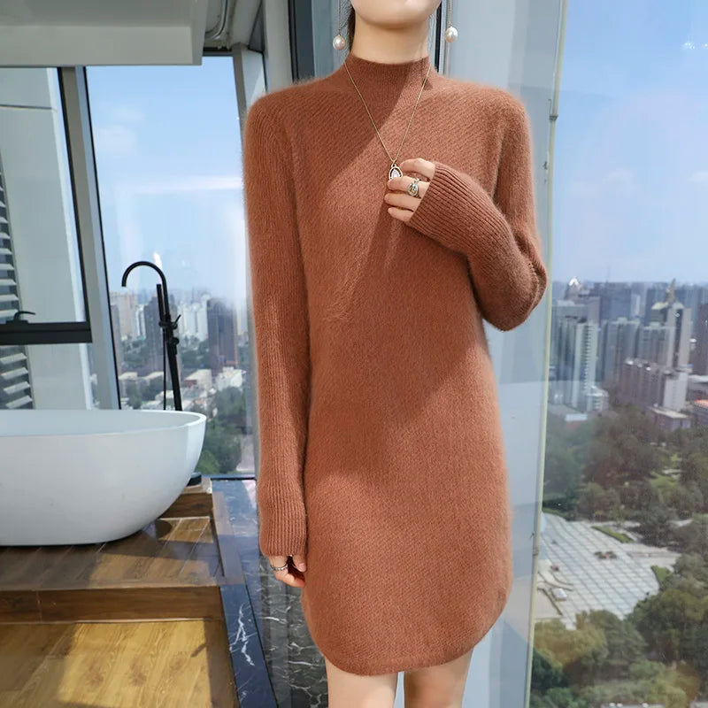 Warm Loose Fit Jacquard Knit High Neck Knee Length Dress for Women