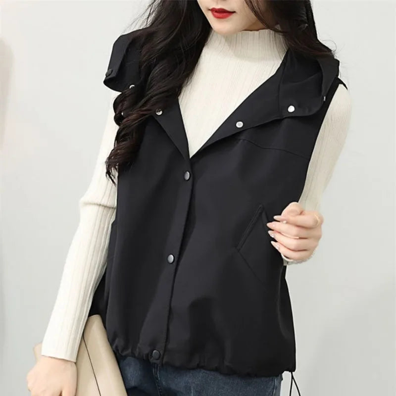 Casual Single Breasted Hooded Sleeveless Vest For Women