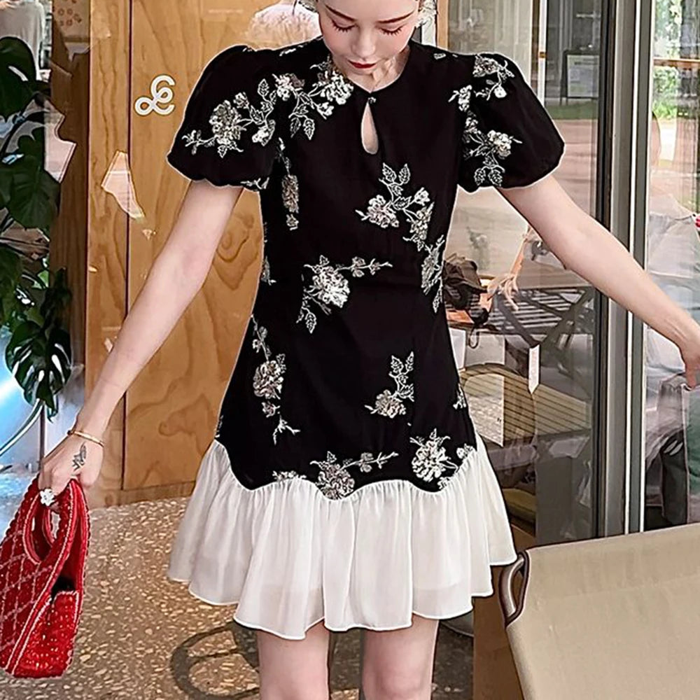 Slim Sequin Embroidery Chinese Style Splice Dress for Women