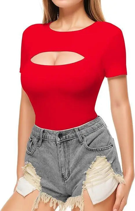 Seductive Tops Intricate Hollow Lacework T-Shirt Figure Hugging RoundNeck Blouse Classic Comfortable SolidColor Shirt