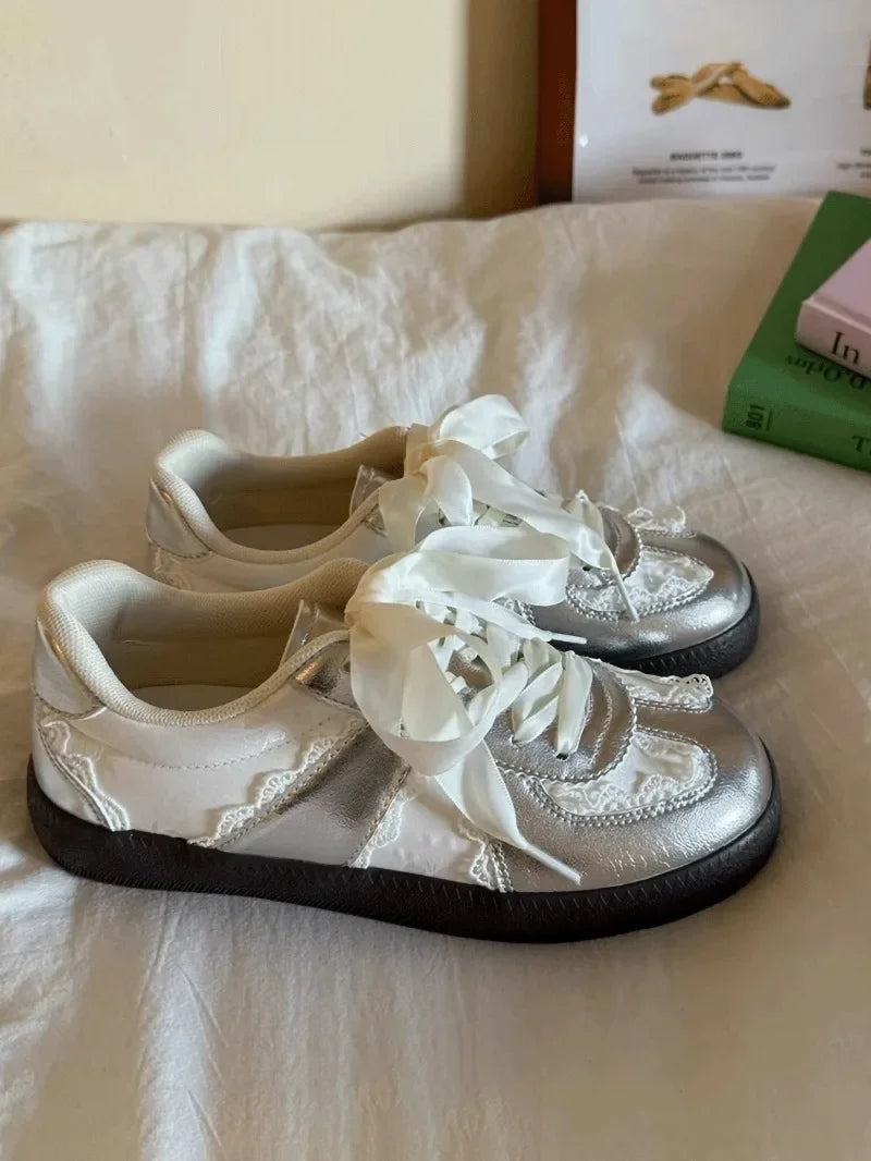 Cream French Lace Satin Ribbon Vintage Sneakers For Women