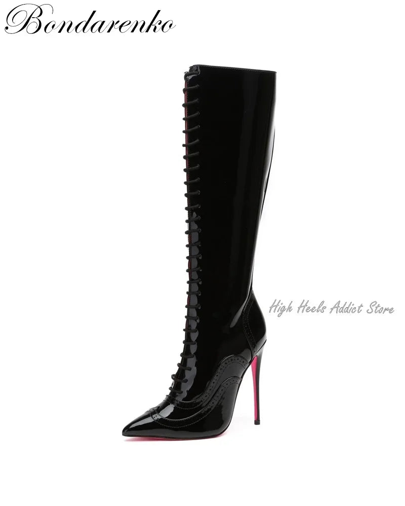 Pointed Toe Patent Leather Lace Up Knee High Boots for Women