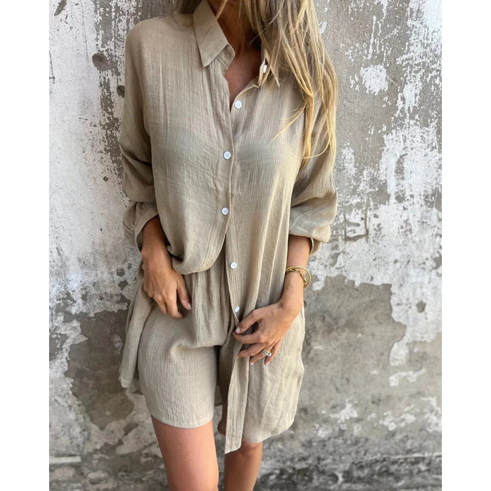 Ruched Turn-down Collar Long Sleeve Buttoned Top and Shorts Set Two Pieces Summer Outfits