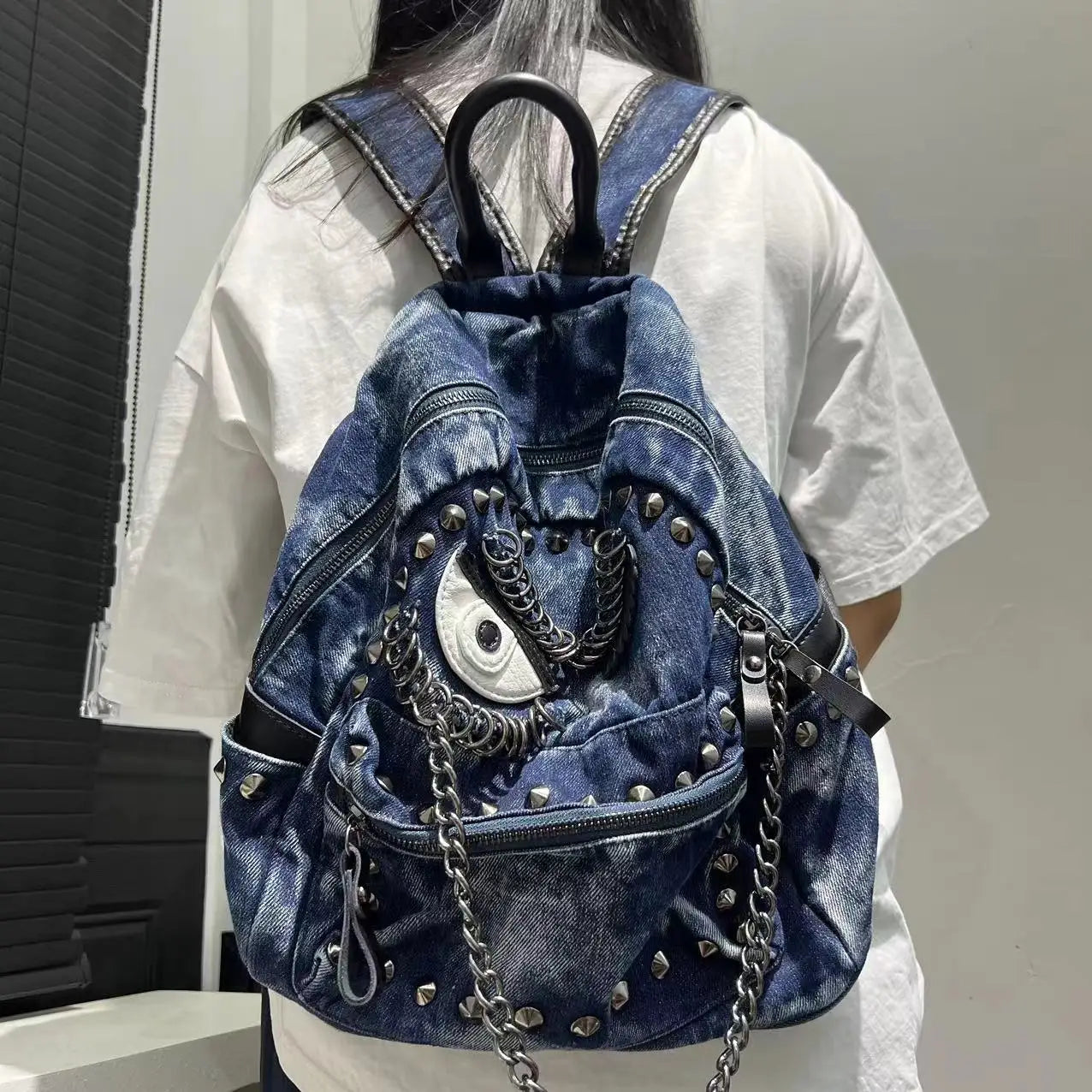Steampunk Denim Backpack with Chain Details for Women