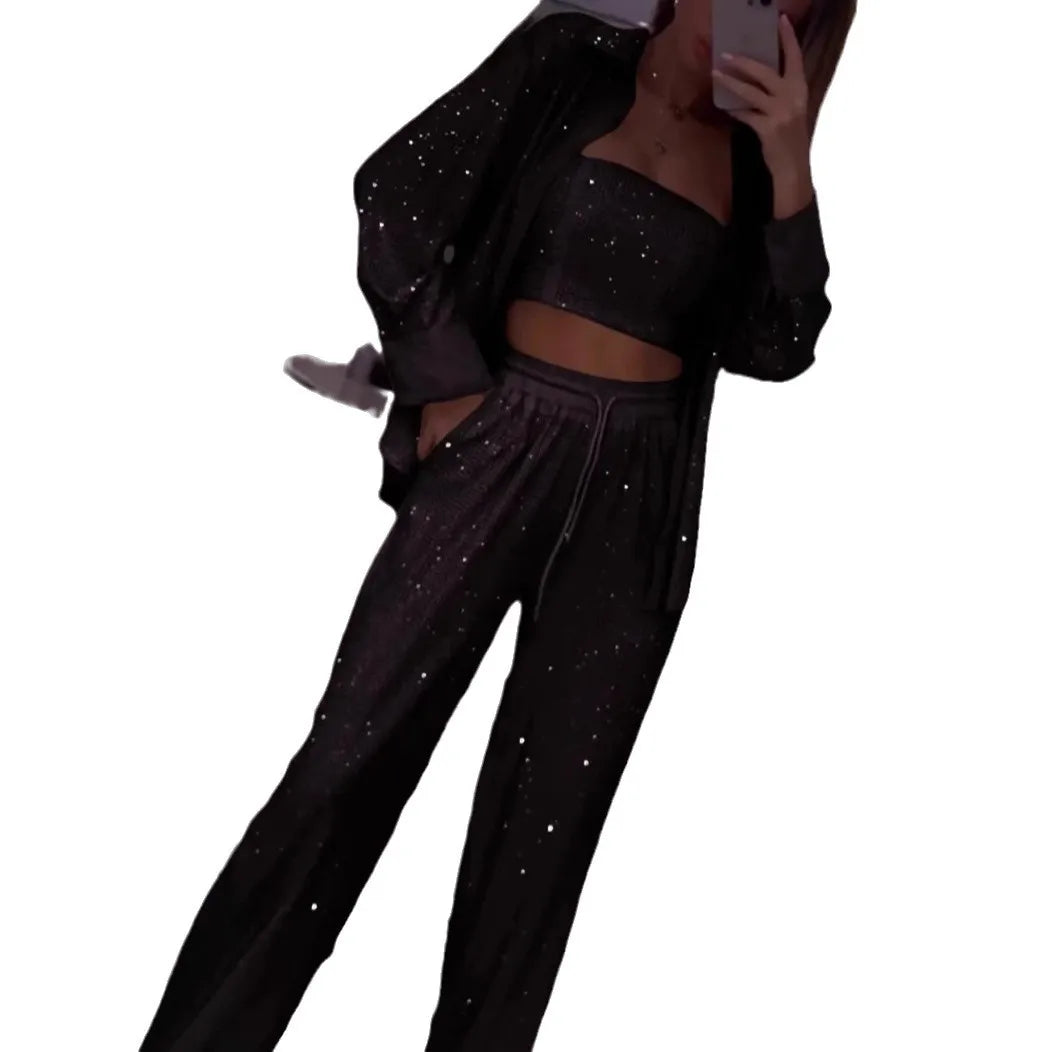 Casual Sequined Blazer With Wide Leg Pants Set For Women