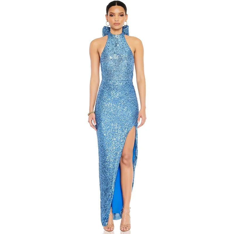 Glitter Sequin Bow Halter Elegant Maxi Dress for Women