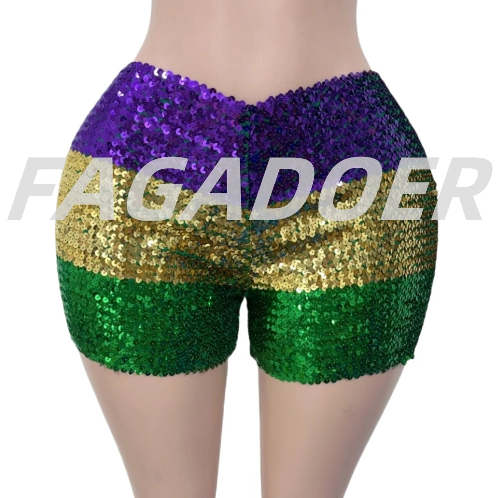 FAGADOER Y2K Sexy Sequin Shorts for Women Purple Golden Sparkling Low Waist Skinny Shorts Hot Girl Streetwear Bottoms 2025 New