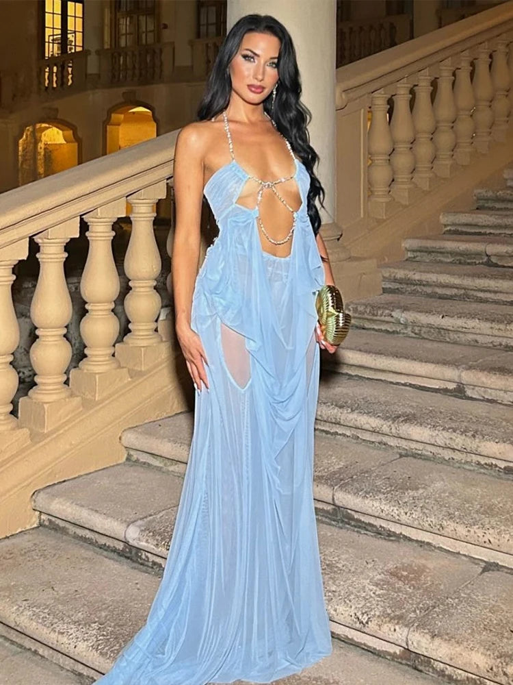 Nibber Prom Party Gown Dress Woman Sexy See Through Luxury Chain Halter Low-Neck Backless Sleeveless Midnight Elegant Vestidos