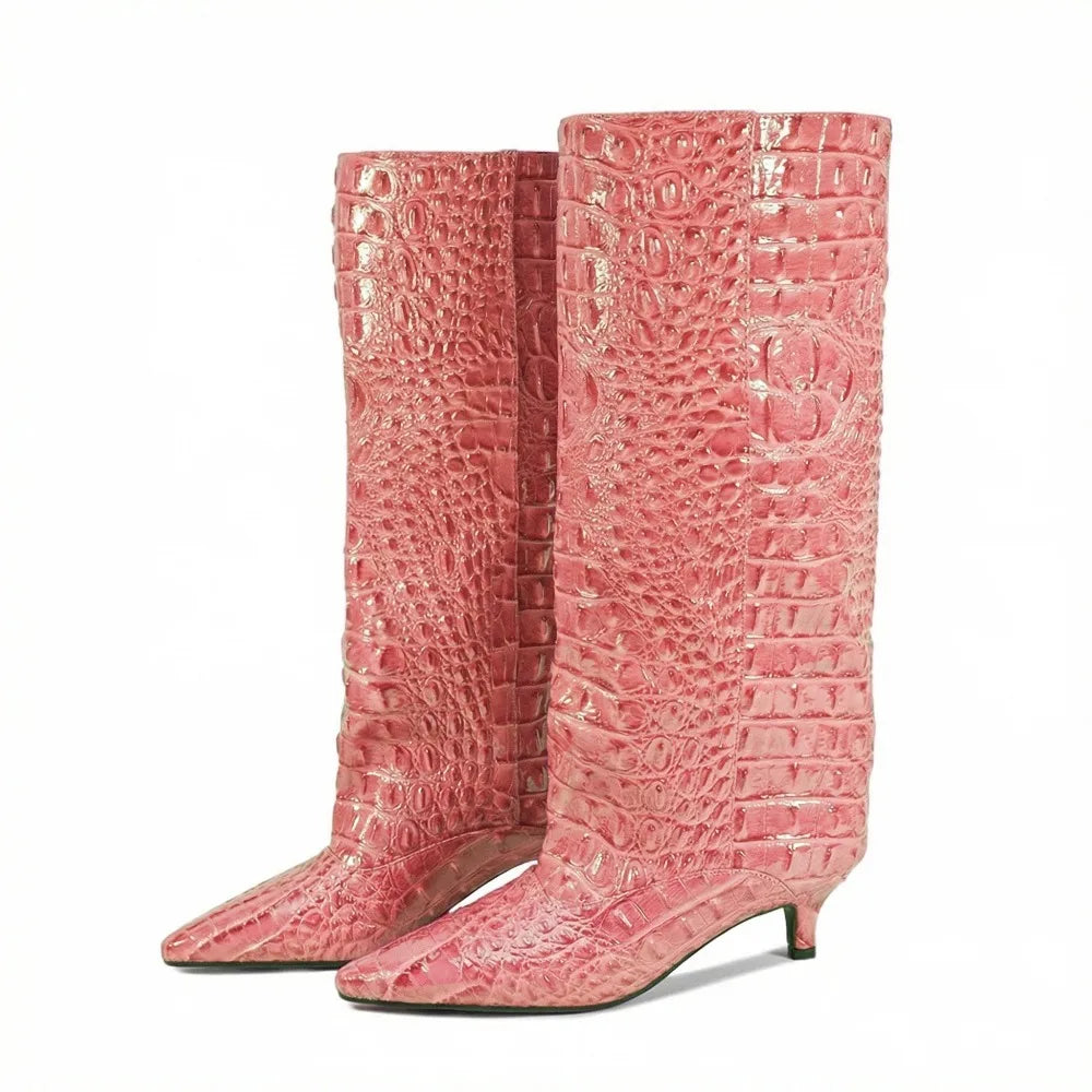 Crocodile Print Wide Shaft Kitten Heel Knee High Boots for Women
