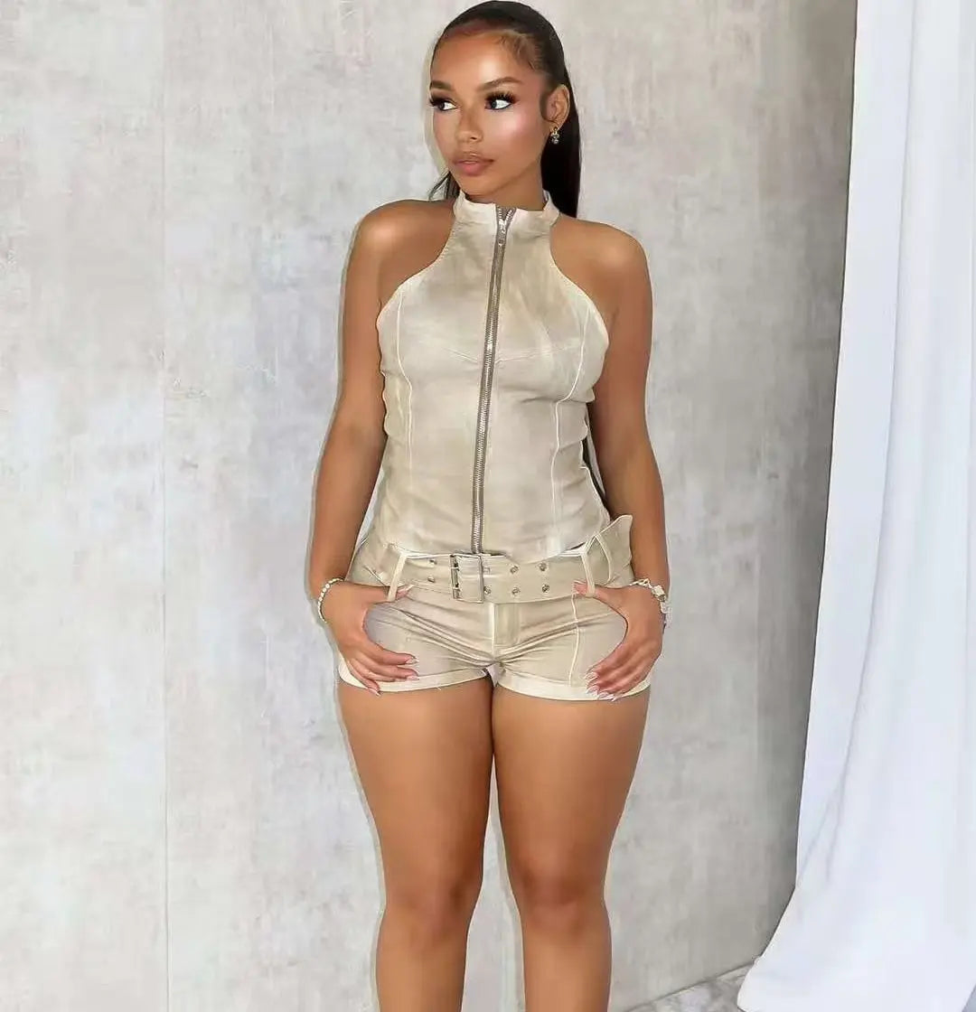 FAGADOER Retro Fashion Denim 2 Pieces Set for Woman Zipper Sleeveless Crop Top + Skinny Shorts Suit Female Streetwear Clothing