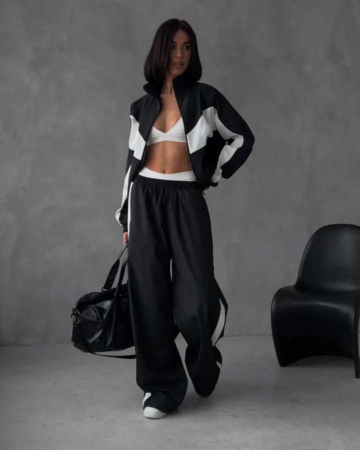Casual Contrast Color Zipper Tracksuit Set for Women
