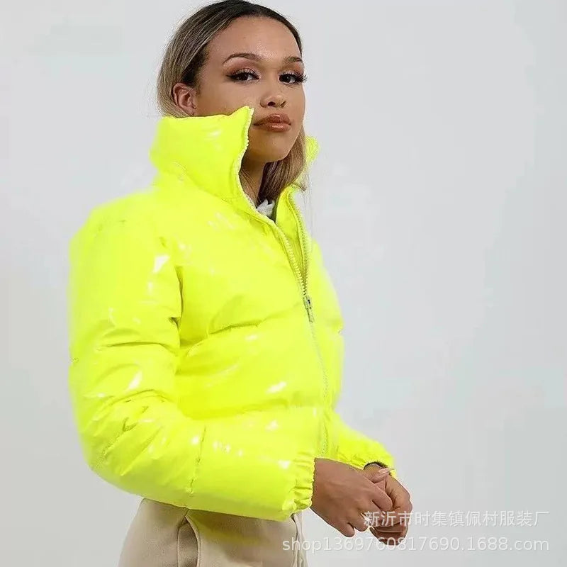 Shiny High Neck Cropped Winter Puffer Jacket for Women