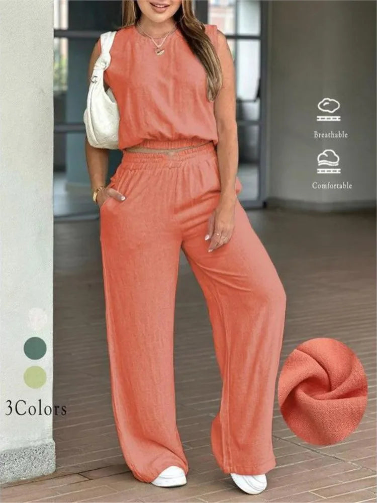 Casual Summer Sleeveless Wide-Leg Two-Piece Set for Women