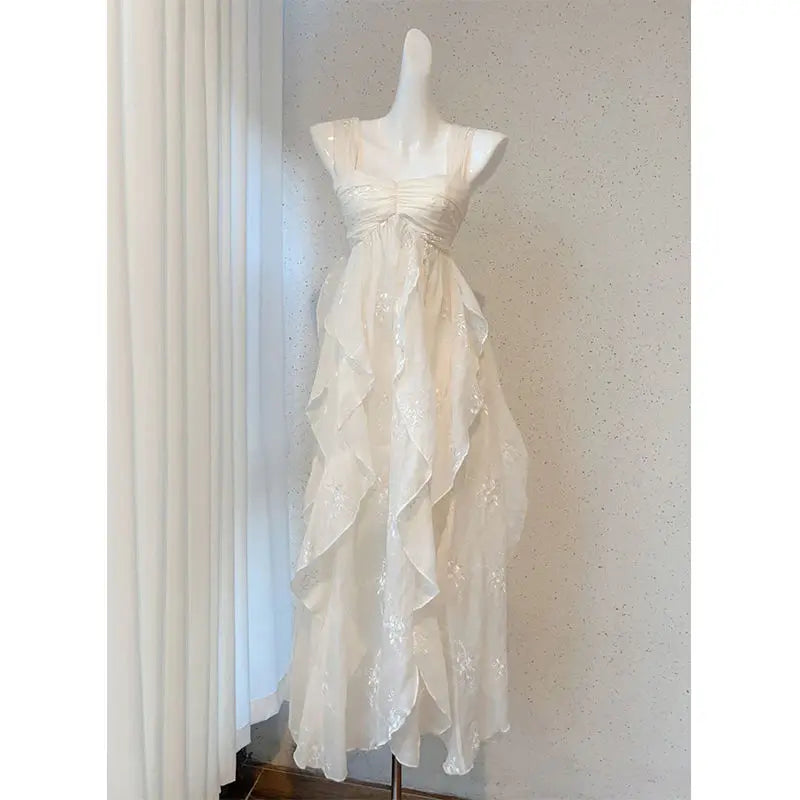 White Lace Vintage Floral Ruffle Sundress For Women