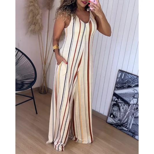 Women'S Striped Print V Neck Shoulder Lace Up Sleeveless Jumpsuit Casual Pocket Design Zipper Wide Leg Romper Summer Outfits