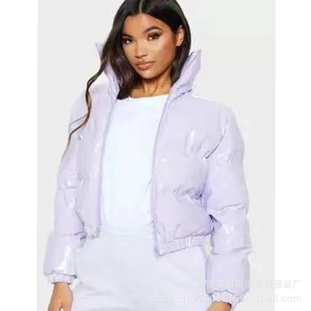 Shiny High Neck Cropped Winter Puffer Jacket for Women