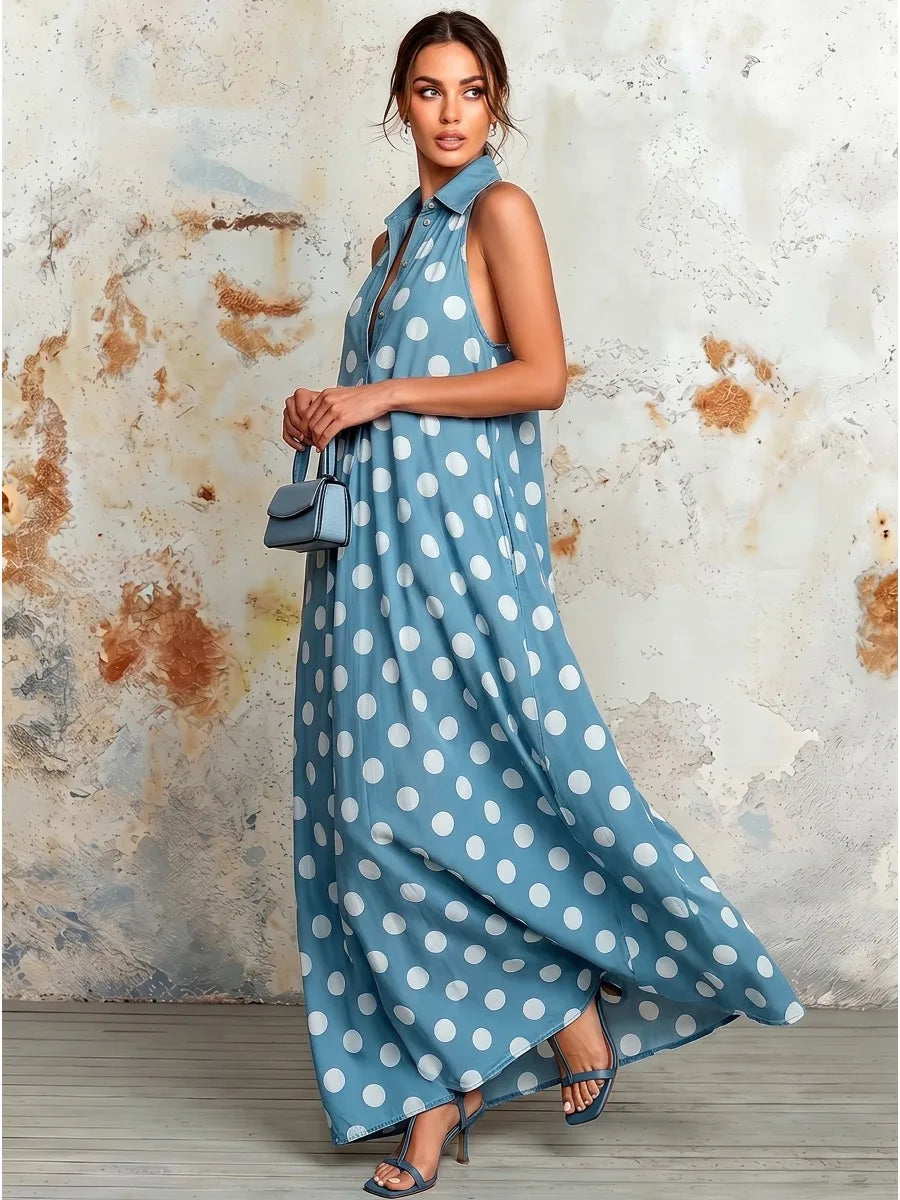 Casual Polka Dot Halter Sleeveless Maxi Dress For Women