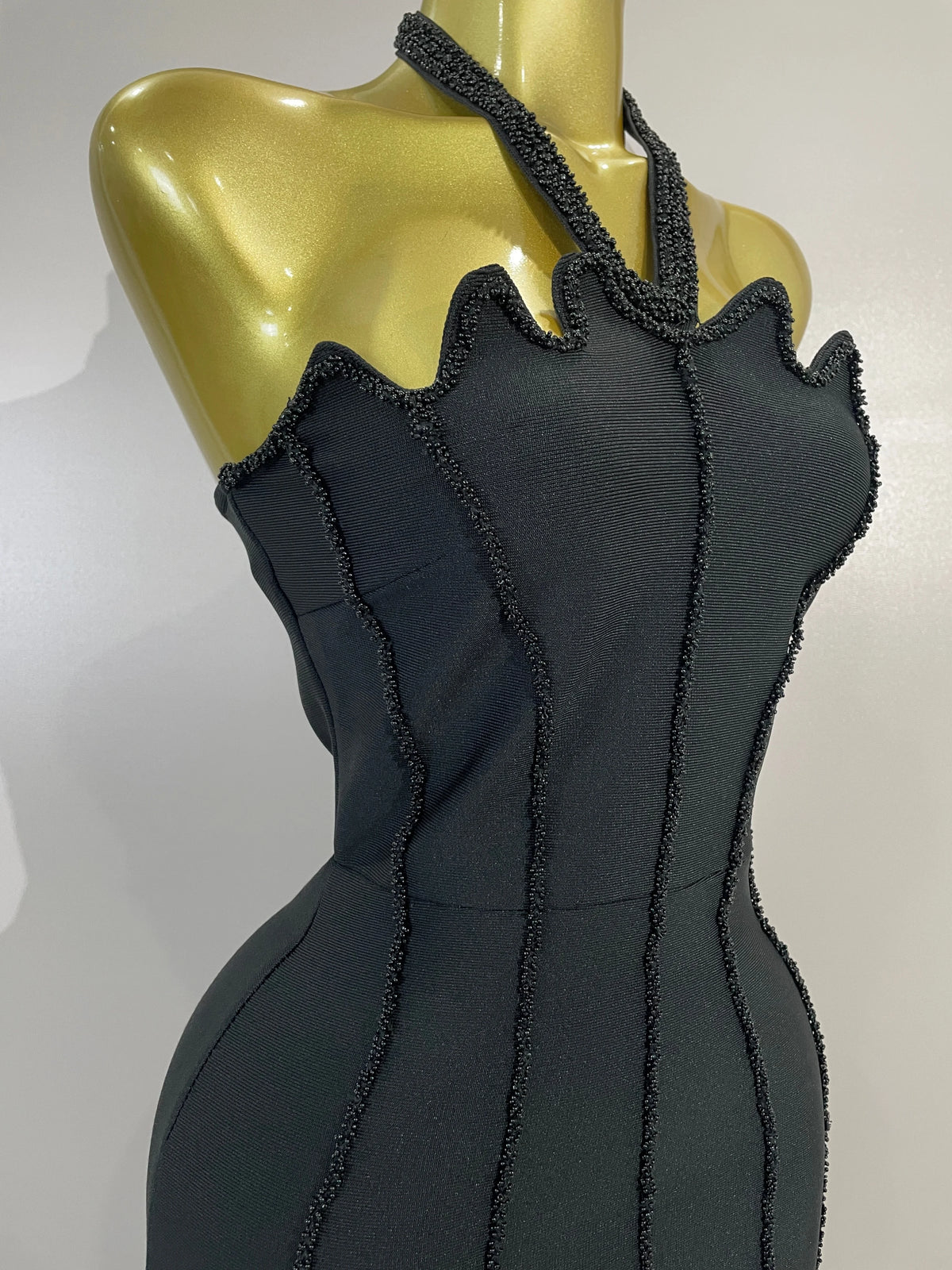 Sexy Beaded Scalloped Halter Black Bodycon Long Bandage Dress Women Elegant Birthday Wedding Guest Celebrate Evening Club Gown