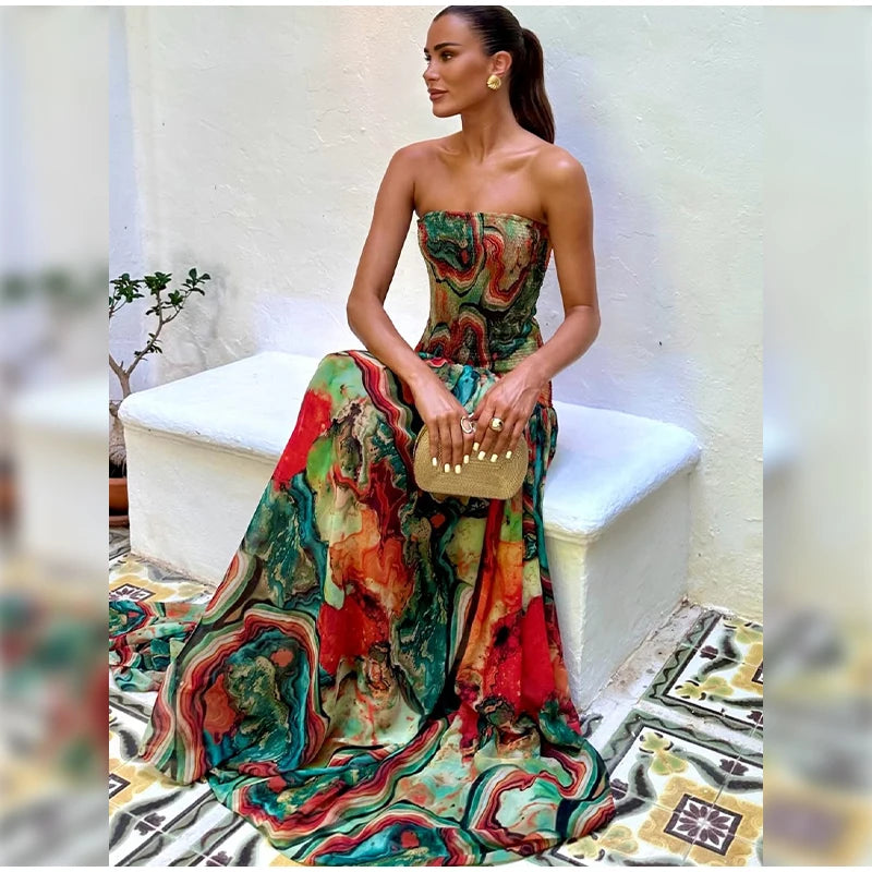 Strapless Pleated Waist Printed Cocktail Dress For Women