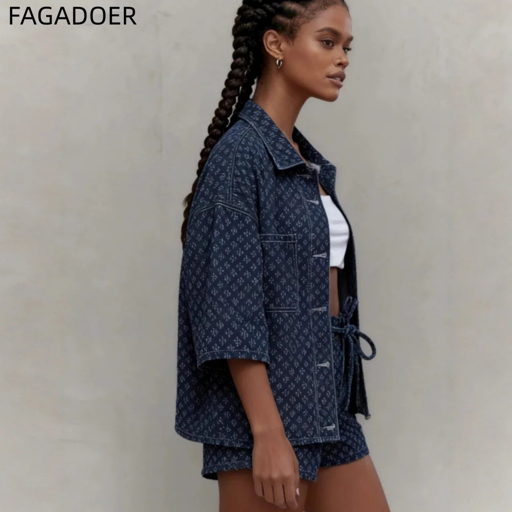 Casual Two-Piece Denim Set With Lace-Up Shorts for Women