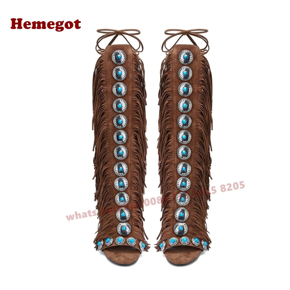 Gemstone Tassel Lace Up Open Toe Sandals for Women