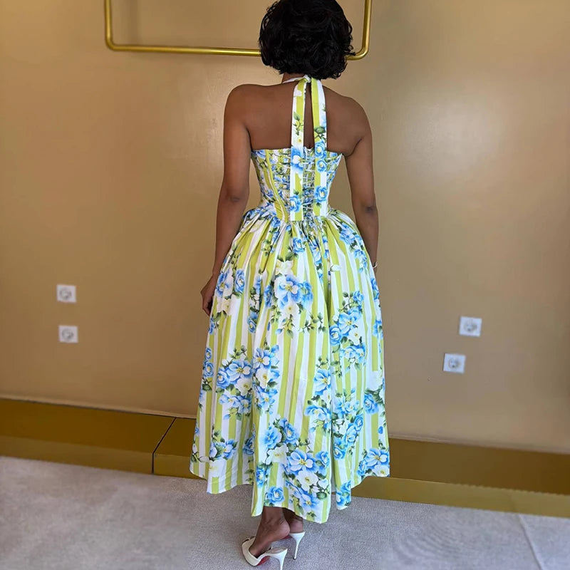 Women Elegant Backless Waist Vacation Dresses Sweet Style Floral Print Formal Party Dress Sexy Halter Sleeveless Bohe Long Dress