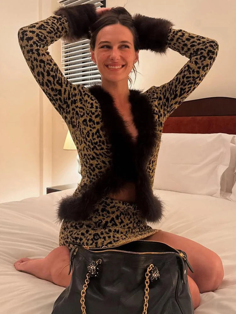 Cutenew Women 2 Piece Set Wild Fur Glitter Fluff Patchwork Cardigan Tops+Peach Hip Skirts Midnight Matching Hipster Clubwear