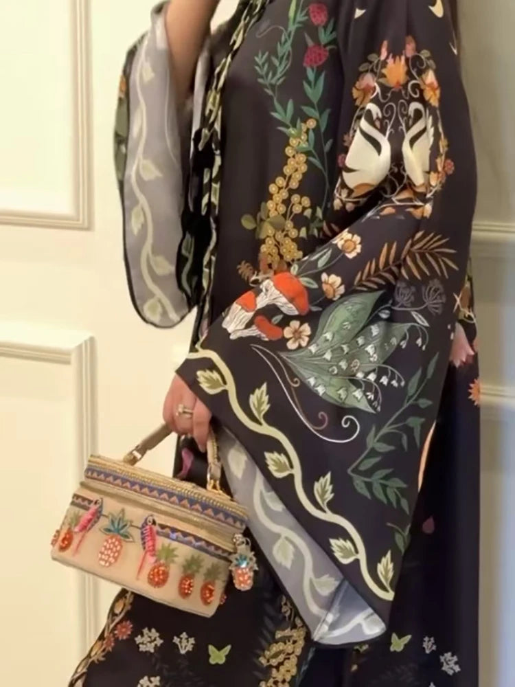 Retro Print Three Quarter Sleeve Midi Dress for Women