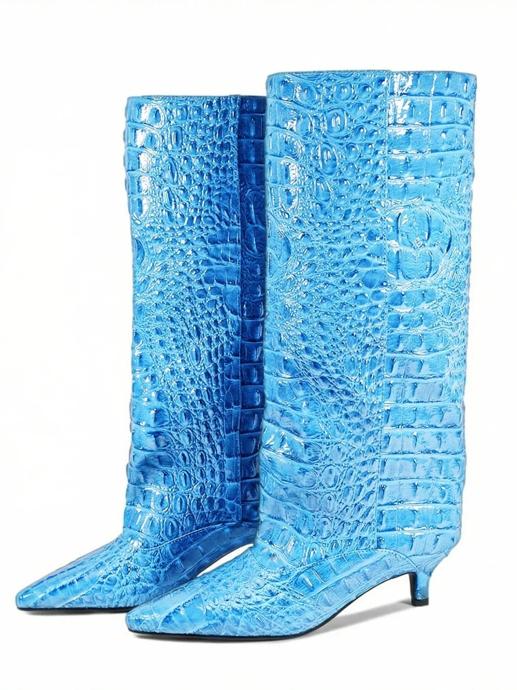 Crocodile Print Wide Shaft Kitten Heel Knee High Boots for Women