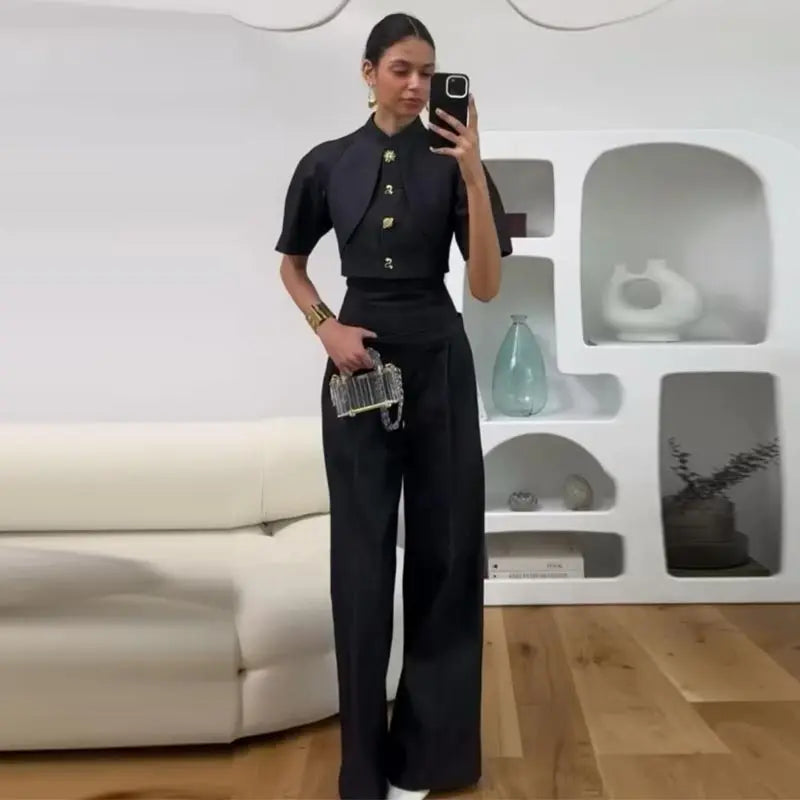Street Denim Casual Top and Wide Leg Pants Set for Women