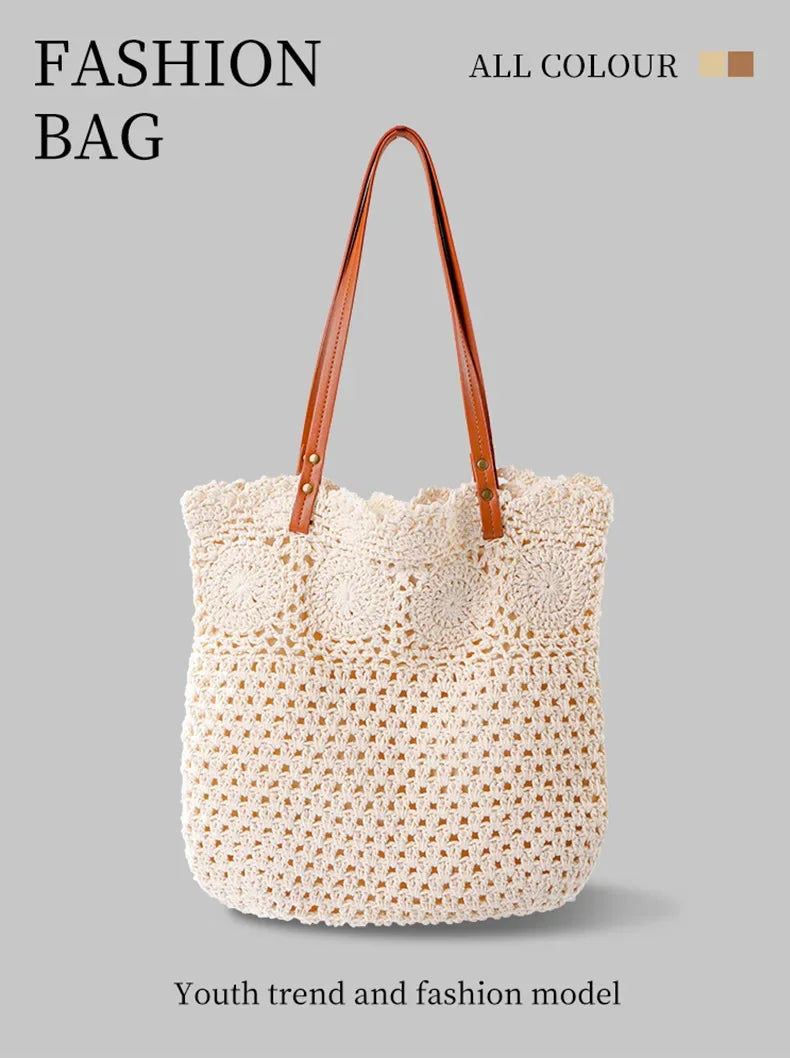 Ladies Beach Leisure Shoulder Bags Women's Summer Artistic Weaving Crochet Tote Handbags Female Retro Hollow Solid Crossbody Bag