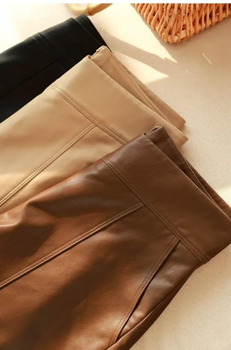 High Waist Wide Leg A Line Patchwork Faux Leather Shorts For Women
