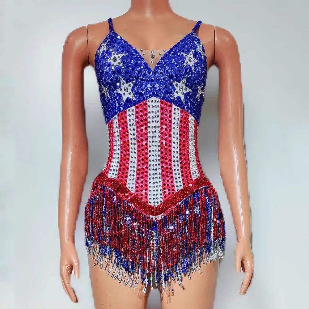 American Flag Crystal Tassel Dance Bodysuit for Women
