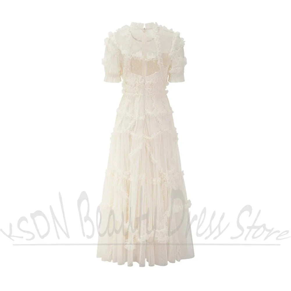 Elegant Dot Organza Dress With Ruffles for Women