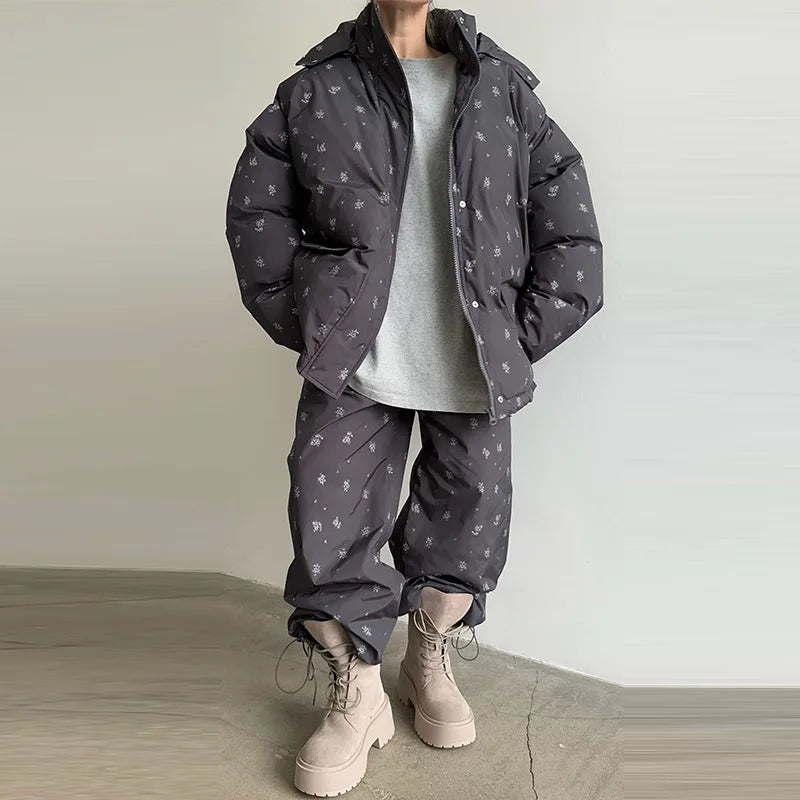 Striped Hooded Puffer Jacket and Wide Leg Pants Set for Women