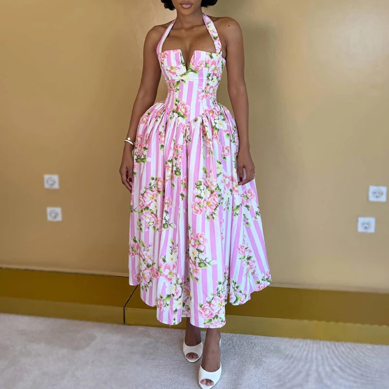 Women Elegant Backless Waist Vacation Dresses Sweet Style Floral Print Formal Party Dress Sexy Halter Sleeveless Bohe Long Dress